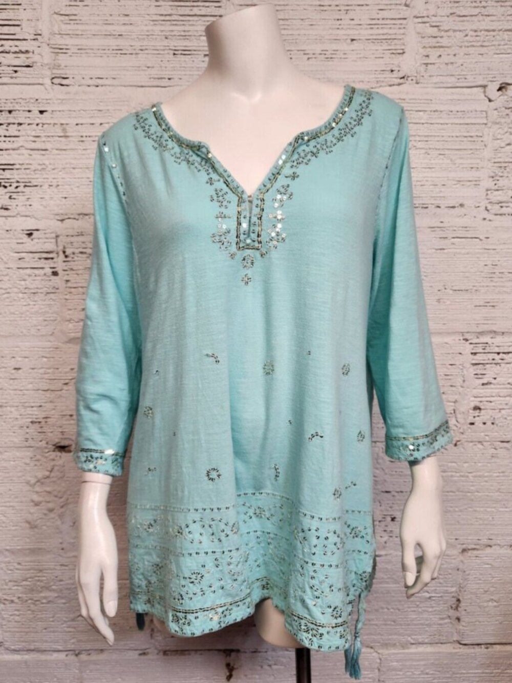 Soft Surroundings Women's PL Teal Sequins Embellished Tassel PulloverTunic/Dress